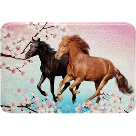 Horse Bathroom Rug Mat Non Slip Bath Rug Soft Water Absorbent Cozy Bath Carpet Galloping Horse Cherry Blossom Decor Floor Mat for Tub Shower Kids Girls Teens Bath Room Bedroom Living Room 20"x32"