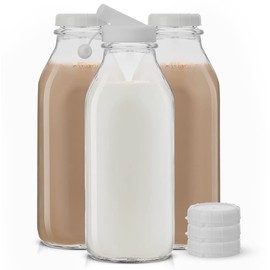 JoyJolt Glass Milk Bottles with Lids and Pourer – 32 Oz, 3 Pack Airtight Heavy Duty Reusable Glass Bottles, Leakproof, BPA-Free, Food Grade, Dishwasher Safe Jug, Pitcher for Milk, Juice, and Water