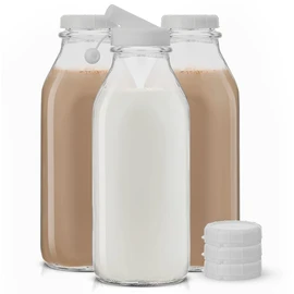 JoyJolt Glass Milk Bottles with Lids and Pourer – 32 Oz, 3 Pack Airtight Heavy Duty Reusable Glass Bottles, Leakproof, BPA-Free, Food Grade, Dishwasher Safe Jug, Pitcher for Milk, Juice, and Water