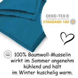 PinkZebra Baby Blanket Muslin 120 x 120 cm, Soft Baby Blanket Made of 100% Organic Cotton, Breathable Cloth, Oeko-Tex, Ocean