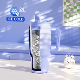 Meoky 32 oz Tumbler with Handle and Flip Straw, 100% Leakproof Tumbler with Lid and Straw, Stainless Steel Insulated Cup, Cupholder Friendly, Keeps Cold for 24 Hours (Lilac)