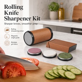 Rolling Knife Sharpener Kit for Kitchen Knives – Double-Sided Edge Roller with Angle Guide for Home Cooking
