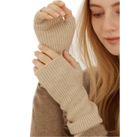 Prettystern Women's Mid-Length Cashmere Pulse Warmer Arm Warmers Fingerless Rib Knitted Gloves, beige