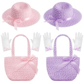 Zhanmai 6 Pcs Girls Tea Party Play Set Bow Tea Party Hats for Girls with Purses and Gloves Tea Party Dress up Favors (Pink, Purple,Stylish Style)