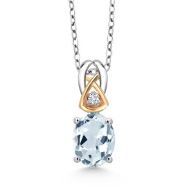 Gem Stone King 8X6MM Oval Gemstone Birthstone and White Lab Grown Diamond Pendant Necklace For Women | 925 Sterling Silver and 10K Yellow Gold | With 18 Inch Chain