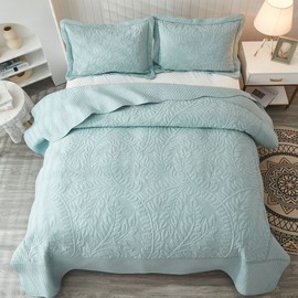 MarCielo 3-Piece 100% Cotton Oversized Bedspread Set Coverlet Set Lightweight Quilt Set Embroidery Farmhouse Bedding Set T0 (Mint Green Blue, Queen (100"x106"))