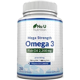 Omega 3 Fish Oil 2200mg & Vitamin D3 2000IU - 250 Capsules Over 4 Month Supply - 720mg EPA & 480mg DHA per Serving High Strength 1100mg Fish Oil per Capsule