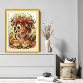 Gofission 14ct Stamped Cross Stitch Kits for Adults Beginners, Tiger with A Garland of Flowers DIY Pre Printed Cross Stitch Embroidery Set with Accessories Wall Decor 37x47cm (Tiger Cub)