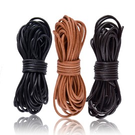 SOSMAR 3 Rolls 5M X 2MM Cowhide Round Leather Cords Rope String for Bracelet Necklace Jewelry Making Lanyards DIY Crafts, Black, Dark Brown, Natural Brown Top Grain Leather Cord