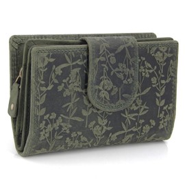 ekavale Ladies Floral Pattern RFID Protection Leather Multi Pocket Tri Section Coin Pocket Wallet, Green, Classic