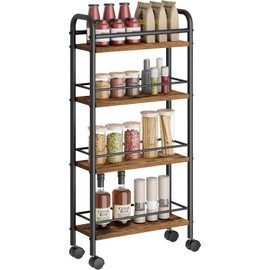 Asgolion Slim Storage Cart, 4-Tier Narrow Rolling Cart with Handle, 5.9 Inches Deep, Slim Bathroom Shelf for Small Spaces, Kitchen, Dining Room, Living Room, Bathroom, Laundry Room, Rustic Brown