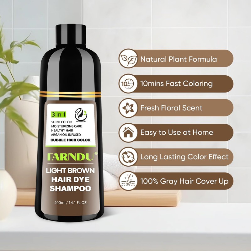 Farndu Light Brown Hair Dye Shampoo for Women Men, Instant