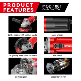 VBLIOR 710W Electric Angle Grinder Tool 6A 4-1/2 Inch with 360 Rotational Guard 11000RPM Power Tool for Cutting and Grinding Metal Stone Wood Polishing, Red