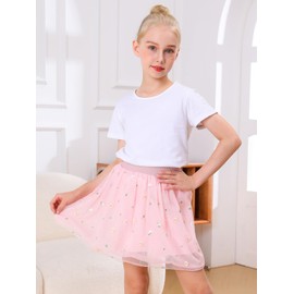 Bezioner Girls' Skirts Embroidered Tulle Skirt 4 Layers Floral Skirt with Lining for Daily Wear Party Festival Wedding Pink M(2-6 Years)