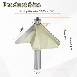 sourcing map 45 Degree Chamfer Router Bit 1/2 Inch Shank 1-3/4" Cutting Edge Carbide Tip with Bearing for Woodworking Milling Cutter Tool, Gold