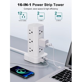 Power Strip Tower Surge Protector, 6FT Flat Plug Extension Cord with Multiple Outlets, 12 AC Outlets 4 USB (2 USB C), Desktop Charging Station with Surge Protection for Home Office Dorm Room, White
