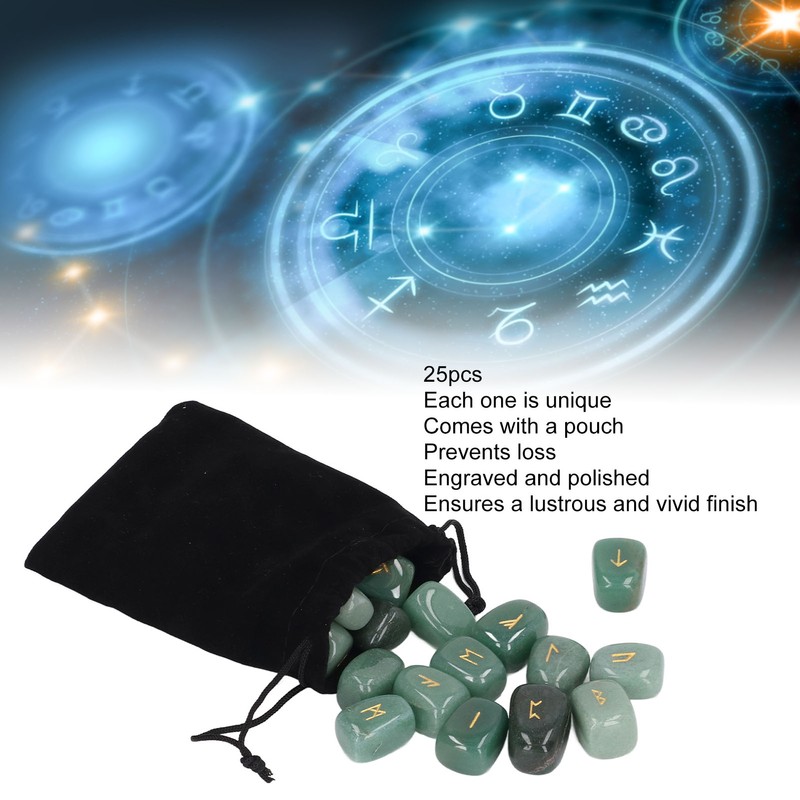 25pcs Rune Stones Set Hand Carved Polished Green Aventurine Portable