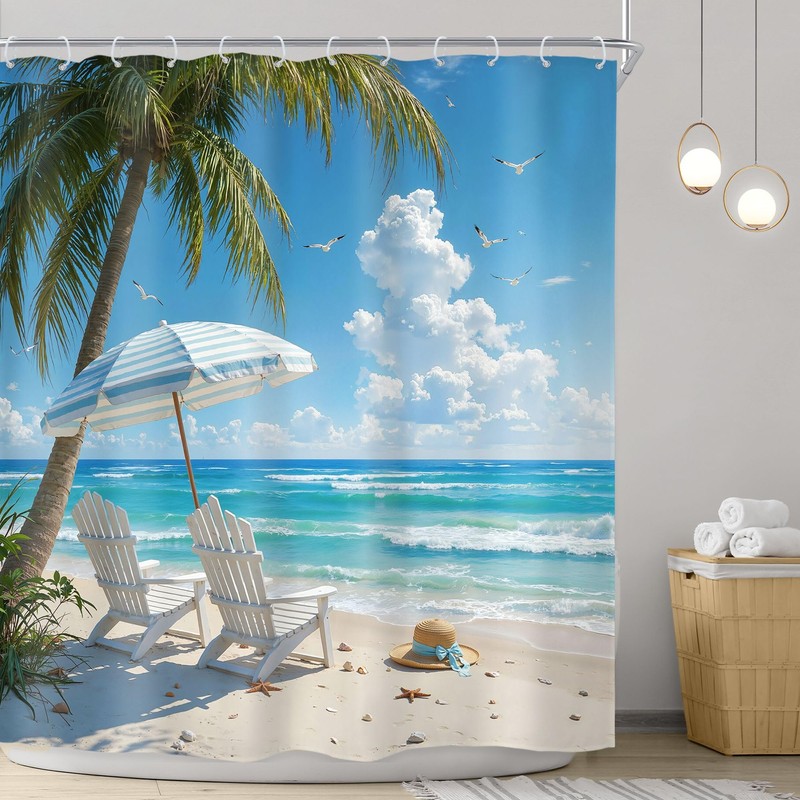 Riyidecor Blue Ocean Beach Theme Shower Curtain 72Wx72H Inch Summer