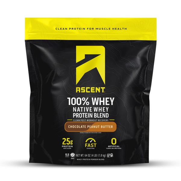 Ascent 100% Whey Protein Powder - Post Workout Whey Protein Isolate, Zero Artificial Flavors & Sweeteners, Gluten Free, 5.5g BCAA, 2.6g Leucine, Essential Amino Acids, Chocolate Peanut Butter 4 lb