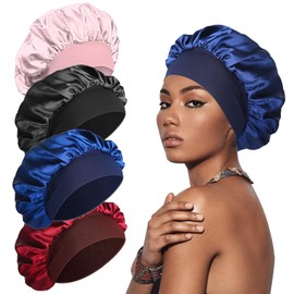 4 Pcs Hair Bonnet for Sleeping, Silk Bonnet for Sleeping Silk Hair Wrap for Sleeping, Satin Bonnet is Suitable for Long and Curly Hair with 4 Color（Burgundy Black Pink Navy Blue）