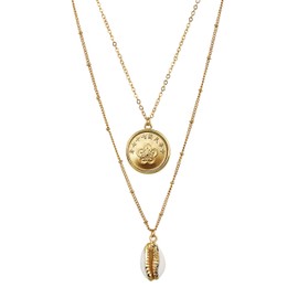 American Coin Treasures Double Chain Necklace Orchid Coin Pendant with Cowrie Shell | Saturn Style 18 and 16 Inch Goldtone Chain | Certificate of Authenticity