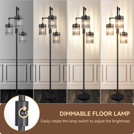 VOUTOORO Industrial Modern Floor Lamps for Living Room, Dimmable Glass Tree Standing Tall Lamps with 3 Elegant Teardrop Cage Head & 1200 Lumens LED Bulbs for Bedroom Office (66inch Tall)