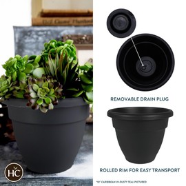 The HC Companies 8 Inch Caribbean Planter - Lightweight Indoor Outdoor Plastic Plant Pot for Herbs and Flowers, Black (4 Pack)
