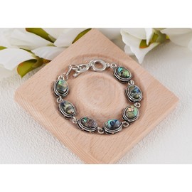 Alilang Natural Abalone Shell Bracelet Exquisite Retro Geometric Shape Silvery Tone Link Bracelet
