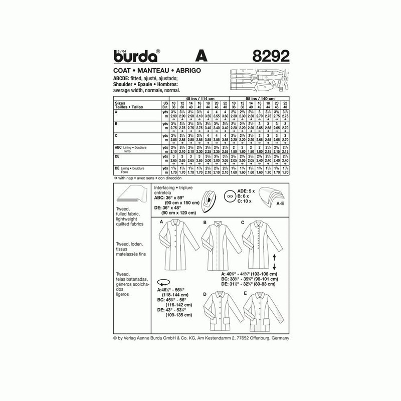 Burda 8292 Schnittmuster Mantel (Damen, Gr, 36-48) Level 3 Mittel