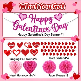 Happy Galentines Day Decorations Set, Happy Galentine's Day Banner, Heart Garland, Hanging Swirls, Heart Honeycombs, Paper Flower for Girls Women Happy Valentine Day Party Supplies Celebrating Ladies Decor