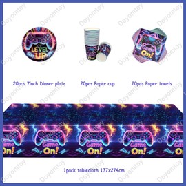 Doyomtoy Video Game Birthday Decoration, Party Tableware Set Video Game Birthday Party Set Birthday Plates Cups Napkins for Party Accessories Supplies 20 Guests