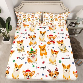 Cute Dog Bed Sheet Set Twin Size,Christmas Style Corgi Bedding Set for Kids Teens Boys Girls Room Decor,Cartoon Animals Fitted Sheet Colorful Snowflake Bed Cover 2pcs with 1 Pillowcase
