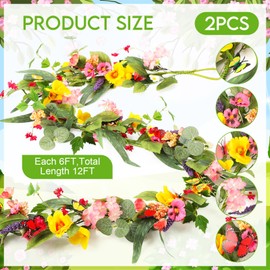 XunYee 2 Pcs 6 ft Artificial Spring Wildflower Garland Daisy Phalaenopsis Hydrangea Floral Vine for Front Door Mantle Fake Flower Garland for Summer Farm Wedding Baby Shower Decor