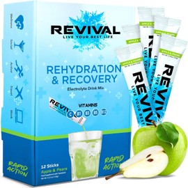 Revival Rapid Rehydration - Polvo de Electrolitos con Vitaminas C, B1, B3, B5, B12 - Bebida Hidratante en Sobres de Sabor Manzana Pera, 12 Paquetes