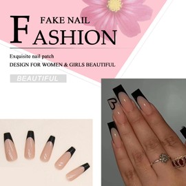 Ceboic Square Press on Nails Long, 24Pcs Acrylic Fake Nails in 12 Sizes, Glossy Natural Stick on Nails, Reusable Glue on Nails with Elegant Designs for Women and Girls DIY Manicure - Black Border