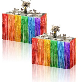2pcs Rainbow Party Table Skirt Grass Table Skirt,Rainbow Metallic Tinsel Foil Fringe Table Skirts Rainbow Table Decorations for Birthday Baby Bridal Shower Unicorn Pride Party Table Decorations