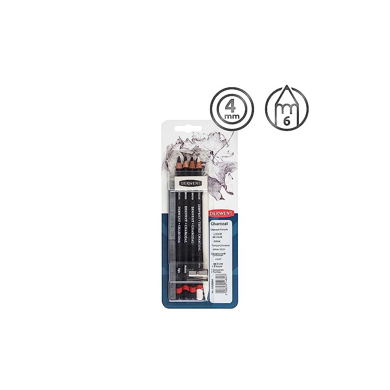 Derwent Charcoal Drawing Sampler Pack with Eraser and Sharpener, Professional