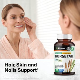 BIO KRAUTER® Horsetail Supplement for Hair, Skin & Nails - Vegan & Pure Horsetail Herb in Capsules 800 mg per Serving 100 Count - Silica Hair Supplement - No Fillers, Non-GMO - 50 Days of Supply