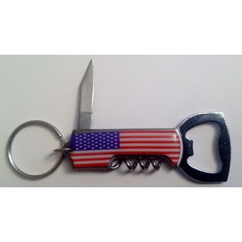 USA Flag 3 in 1 Metal Knife Corkscrew & Bottle Opener Key Ring
