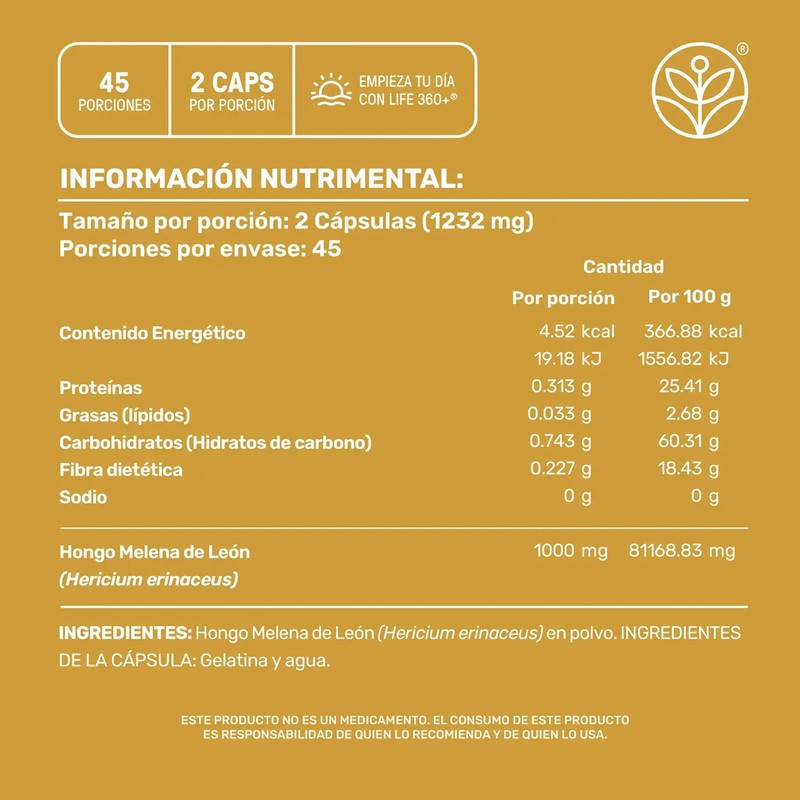 Hongo Melena de León 90 Cápsulas Sin Sabor Suplemento Alimenticio