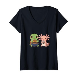 Womens Cute Kawaii turtle and Axolotl Eating Ramen and Boba tea V-Neck T-Shirt