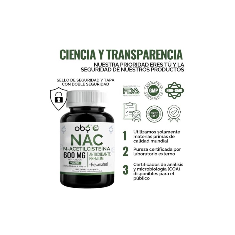 Oby Nac 600mg Trans Resveratrol Antioxidante Precursor Glutation Acetyl Cysteine