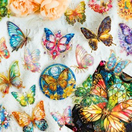 Holographic Gold Foil Butterfly Stickers - 30Pcs Transparent Aesthetic Colorful Butterfly Floral Stickers for Scrapbook, Journals, Stationery, Resin Art