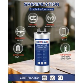 Vancasuk 50 uF ±6% 370V/440V 50/60Hz CBB65 Dual Run Round Start AC Capacitor CBB65 CBB65B Air Conditioner Capacitors for AC Unit Fan Motor Start or Heat Pump or Condenser Straight Cool(50μF)