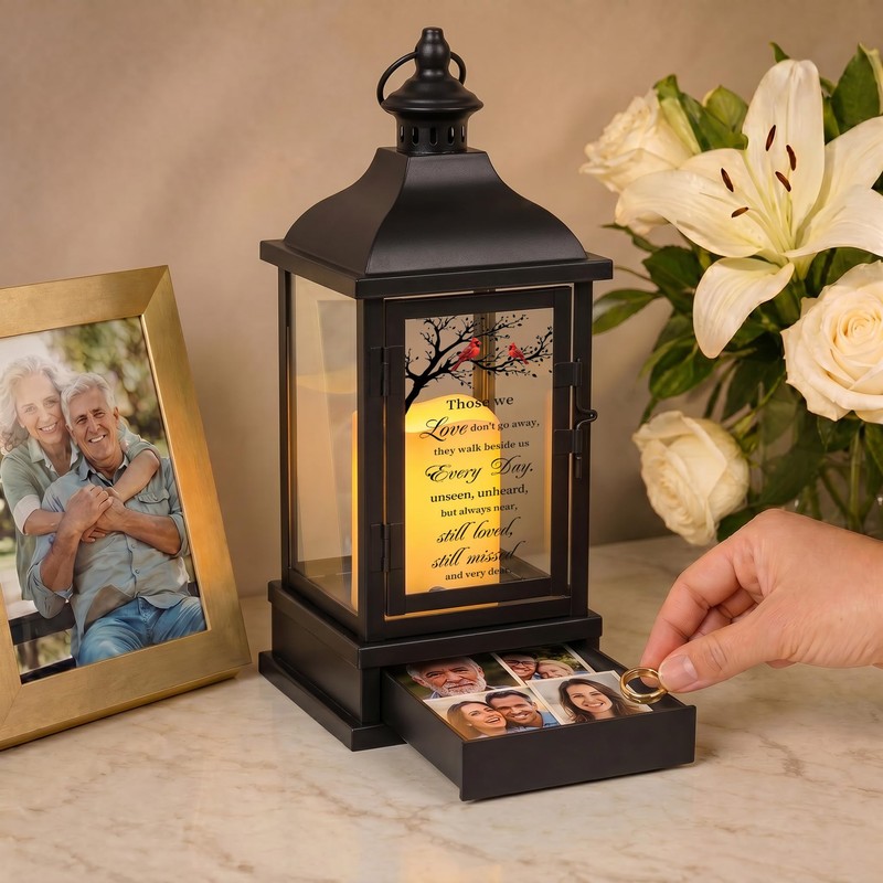 Memorial Lantern with Keepsake Drawer, Sympathy Gift for Loss of