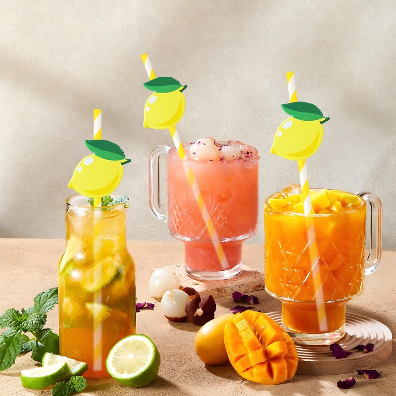 Lemonade Stand Paper Straws - 100PCS Fresh Lemonade Party Decorations