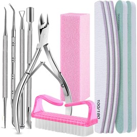 Kit 12pzs Manicure y Limas para Uñas Profesional,Incluir 5 Manicura de Acero Inoxidable+5 Limas De Uñas+1 Cepillo Limpiar+1 Bloque de Pulido,Uso Profesional y Doméstico,para Cuidado de Las Uñas