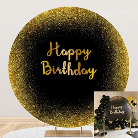Leowefowa Luxurious Black Golden Birthday Round Backdrop Cover 6.5x6.5ft Gold Glittering Arch Background Stand Cover for Photography Men Women Bday Party Banner Supplies Polyester Photo Booth Props