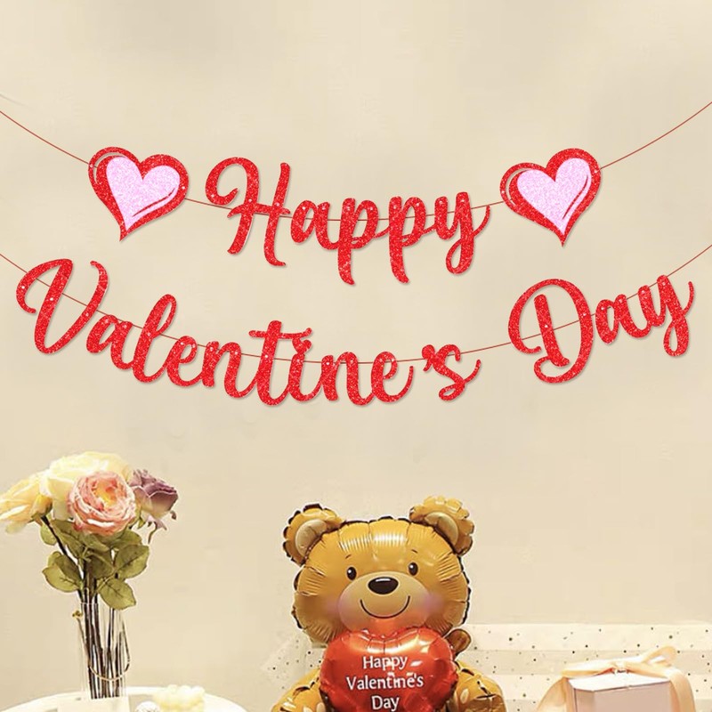 Happy Valentines Day Banner Red Glittery Paper Decorations Felt Garland