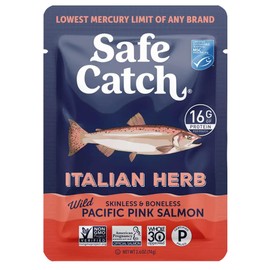 Safe Catch Skinless and Boneless Wild Pacific Pink Salmon Pouch, Italian Herb Seasoned, Mercury Tested, Kosher, 2.6oz Pouches, Pack of 12